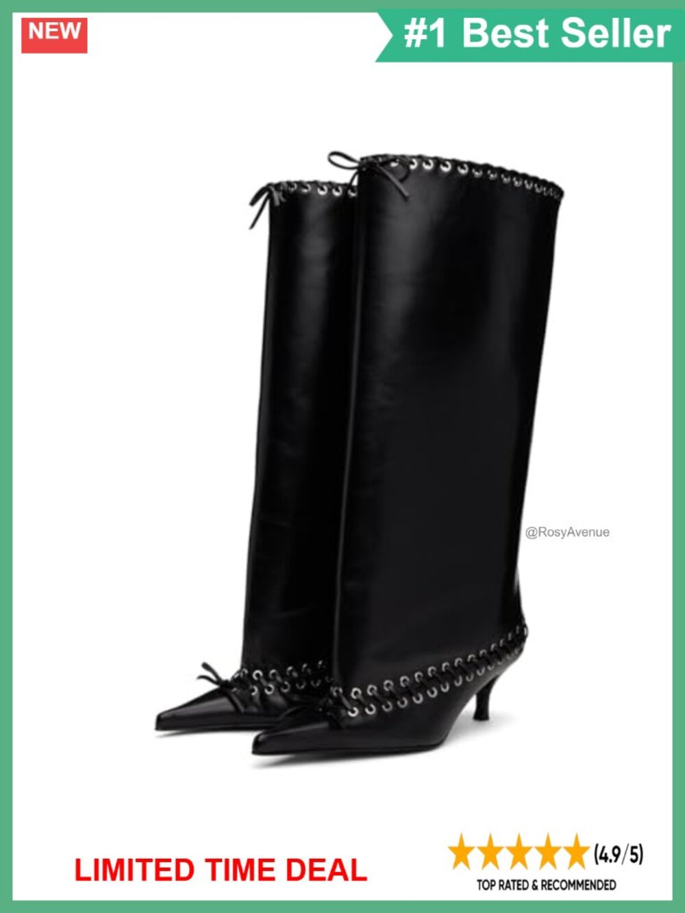 Metal Eyelet Lace Up Pointed Toe Wide Calf Knee High Boots Kitten Heel